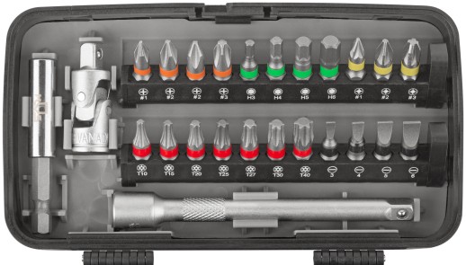 Мини-набор инструмента (биты, головки, вороток, удлинитель), 38 шт., пластиковый кейс