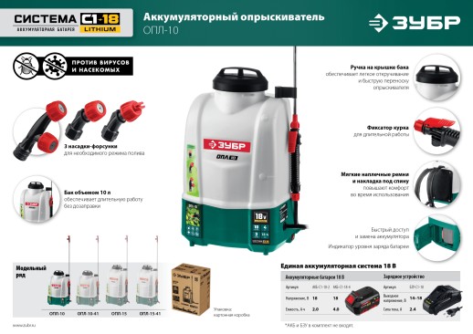 ЗУБР 15 л, 1 АКБ 4 А·ч, аккумуляторный опрыскиватель (ОПЛ-15-41)