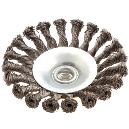 Щетка для УШМ, 125 мм, "Тарелка", крученая нержавеющая проволока 0.5 мм, М14 Denzel