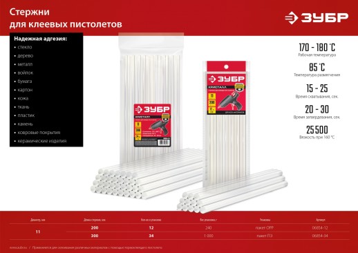 ЗУБР 11 х 200 мм, 12 шт, прозрачные универсальные клеевые стержни (06854-12)