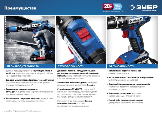 ЗУБР Т7, 20 В, 50 Н·м, 2 АКБ (2 А·ч), дрель-шуруповерт, кейс, Профессионал (DL-201-22)