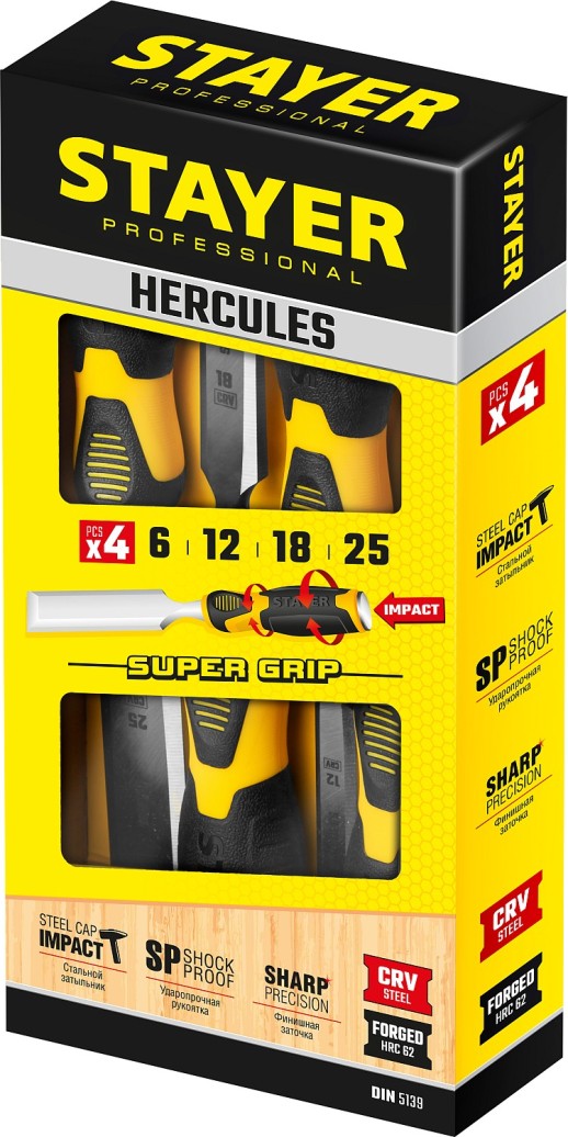 STAYER Hercules, 4 предм, набор стамесок-долот, Professional (18205-H4)