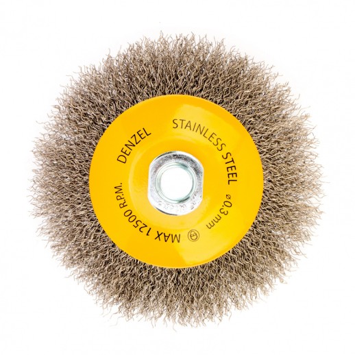 Щетка для УШМ, 125 мм, "Тарелка", витая нержавеющая проволока 0.3 мм, М14 Denzel