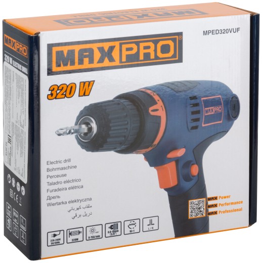 MAX-PRO Дрель-Шуруповерт электрическая 320 Вт; 0-750об/мин; подсветка ; быстрозажимной патрон 10мм; резиновые вставки; 16,0 Нм; 16+1; 1,1 кг; быстрый