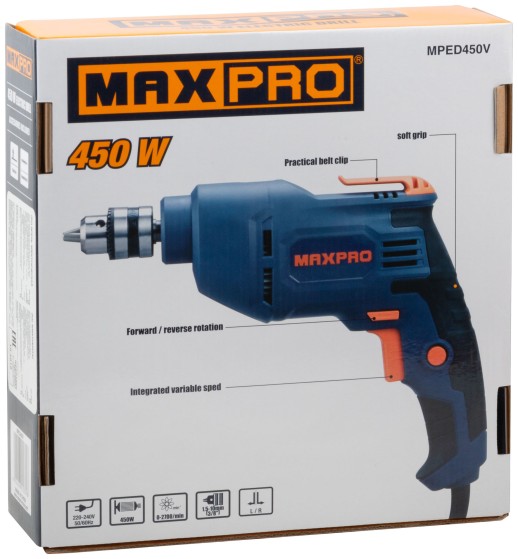 MAX-PRO Дрель электрическая 450 Вт; 0-2700об/мин; ключевой патрон 0,8-10мм; 1,2 кг; резиновые вставки; кор.