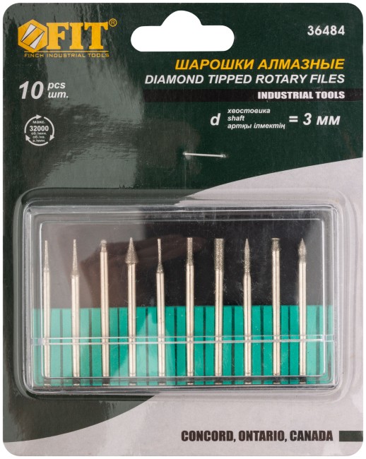 Шарошки, усиленная сталь с алмазным напылением, штифт диам. 3 мм, 10 шт.