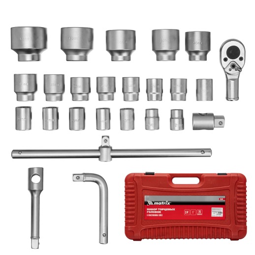 Набор торцевых головок 3/4"–1", головки 21 х 65 мм, 26 предметов, в пласт. боксе Matrix