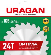 URAGAN Optima, 165 х 20/16 мм, 24Т, пильный диск по дереву (36801-165-20-24)
