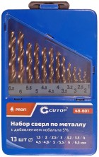 Набор сверл по металлу с кобальтом 5% в металлической коробке; 1,5-6,5 мм (через 0,5 мм + 3,2 мм; 4,8 мм), 13 шт., Cutop Profi