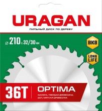 URAGAN Optima, 210 х 32/30 мм, 36Т, пильный диск по дереву (36801-210-32-36)