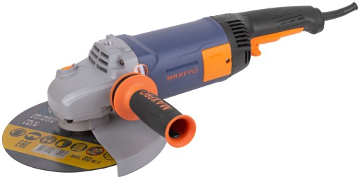 MAX-PRO Шлифмашина угловая 2400 Вт; 6000об/мин; быстрозажимной кожух 230мм; антивибрационная ручка; дополнительные щетки; плавный пуск; поворотная рук