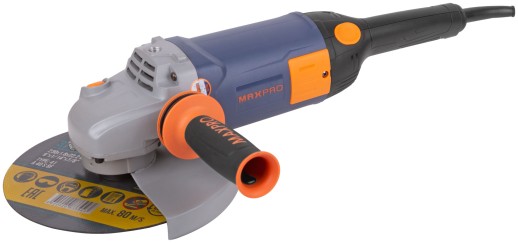 MAX-PRO Шлифмашина угловая 2400 Вт; 6000об/мин; быстрозажимной кожух 230мм; антивибрационная ручка; дополнительные щетки; плавный пуск; поворотная рук