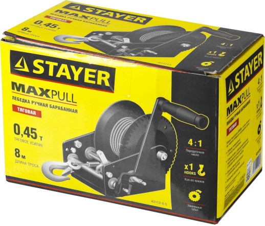 STAYER MAXPull, 0.5 т, 8 м, ручная барабанная тросовая лебедка (43112-0.5)