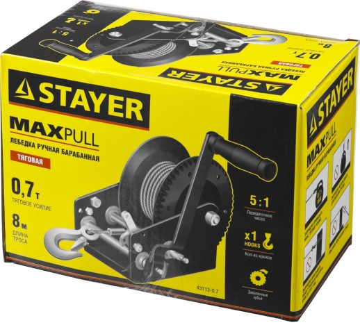 STAYER MAXPull, 0.7 т, 8 м, ручная барабанная тросовая лебедка (43112-0.7)