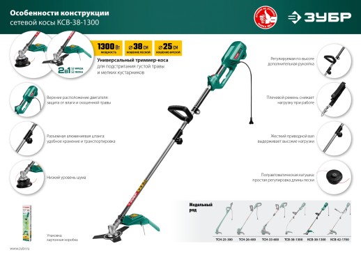 ЗУБР 1300 Вт, ш/с 38 см, сетевой триммер (КСВ-38-1300)