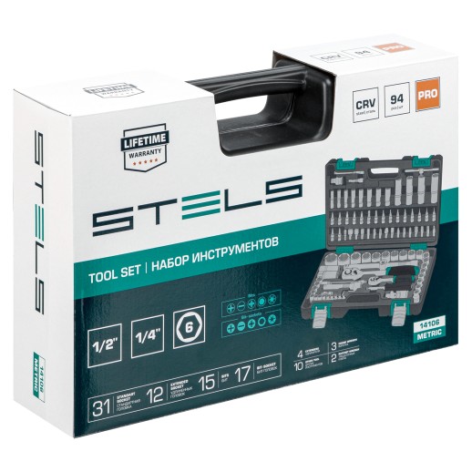 Набор инструментов, 1/2", 1/4", CrV, пластиковый кейс 94 предмета Stels