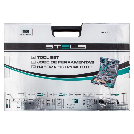Набор инструментов, 1/2", 1/4", CrV, пластиковый кейс 98 предметов Stels