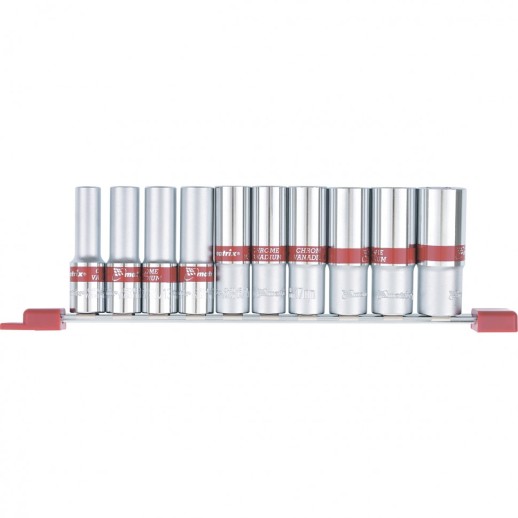 Набор удлиненных торцевых головок 1/2", 6 гранные, CrV, 10-22мм, 10 штук Matrix