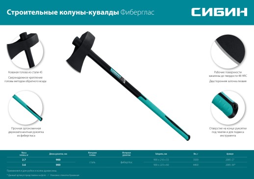 СИБИН Фибергласс, 2700/3500 г, 900 мм, строительный колун-кувалда (2085-27)