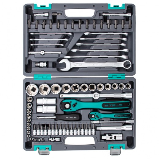 Набор инструментов 1/2", 1/4", CrV, 12 гранные головки, пластиковый кейс, 82 предмета Stels