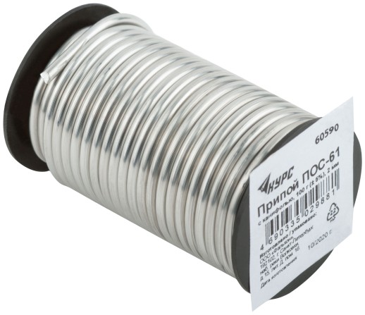 Припой ПОС 61 с канифолью, проволока диаметр 2 мм, на катушке, 100 гр.