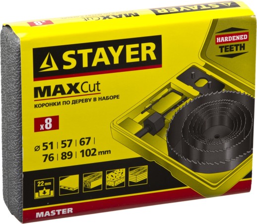 STAYER Maxcut, 6 шт, 51-102 мм, набор кольцевых коронок по дереву (29600-H8)