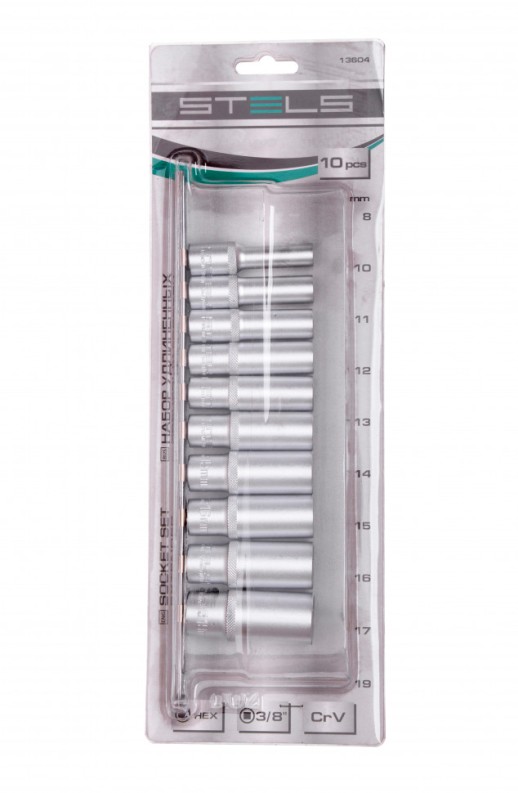 Набор удлиненных торцевых головок 3/8, шестигранные, CrV, 10 шт, 8-19 мм Stels