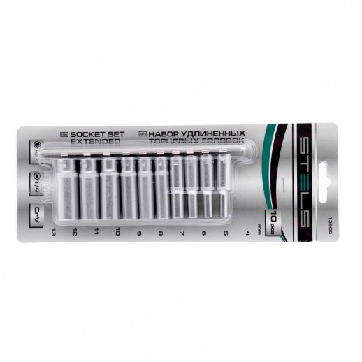 Набор удлиненных торцевых головок 1/4, шестигранные, CrV, 10 шт, 4-13 мм Stels