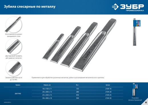 ЗУБР 30 х 300 мм, усиленное двутавровое слесарное зубило по металлу, Профессионал (2104-30)