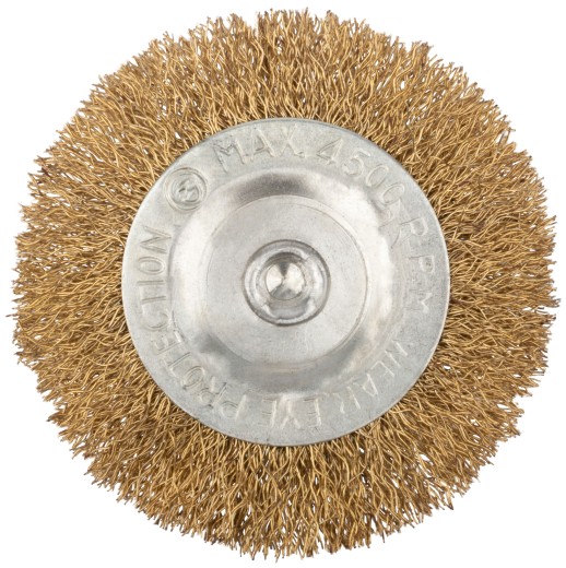 Корщетка дисковая прямая, со шпилькой, стальная латунированная волнистая проволока  75 мм