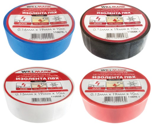 Изолента ПВХ самозатухающая WILLMARK  19 мм х 0,16 мм х 10 м  ( синяя )