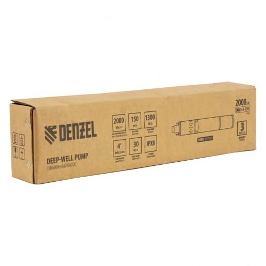 Скважинный насос DWS-4-150, винтовой, диаметр 4", 1300 Вт, 2000 л/ч, напор 150 м Denzel