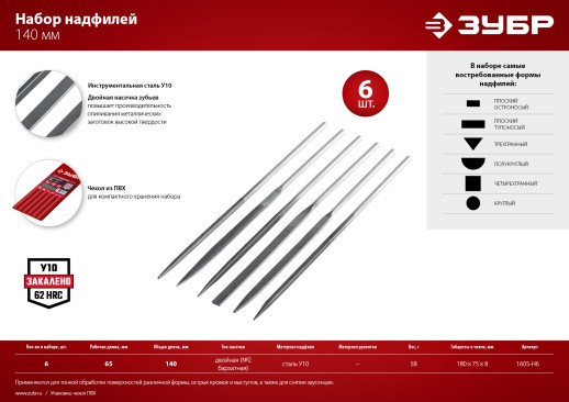 ЗУБР 6 шт, 140 мм, набор надфилей в чехле (1605-H6)