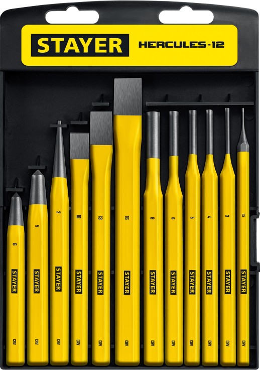 STAYER Hercules, 12 предметов, набор зубил и кернеров в пластиковом держателе, Professional (21077-H12)
