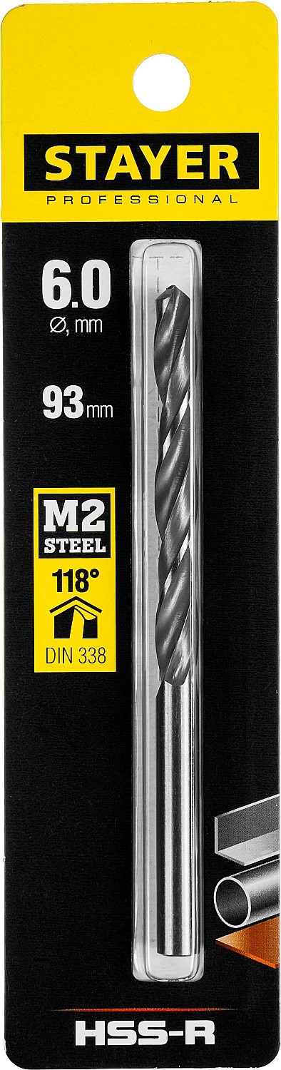 STAYER HSS-R, 6.0 х 93 мм, быстрорежущая сталь P6M5, сверло по металлу, Professional (29602-6)