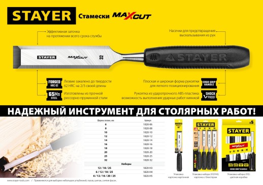 STAYER Max-Cut 3 предм., Набор стамесок (1820-H3)