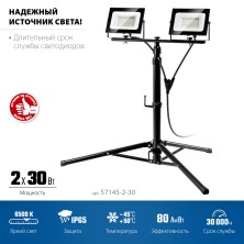 ЗУБР ПСК 30х2, 2 х 30 Вт, 6500 К, IP 65, 1.6 м, светодиодные прожекторы на штативе, Профессионал (57145-2-30)