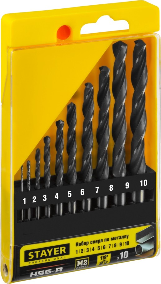 STAYER HSS-R, 10 шт, (1-10 мм), быстрорежущая сталь P6M5, класс В, набор сверл по металлу, Professional (29602-H10)